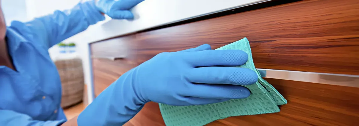 Cleaner wearing blue gloves wiping a wooden cabinet drawer with a microfiber cloth for dust and grime removal, Saint Petersburg, FL.