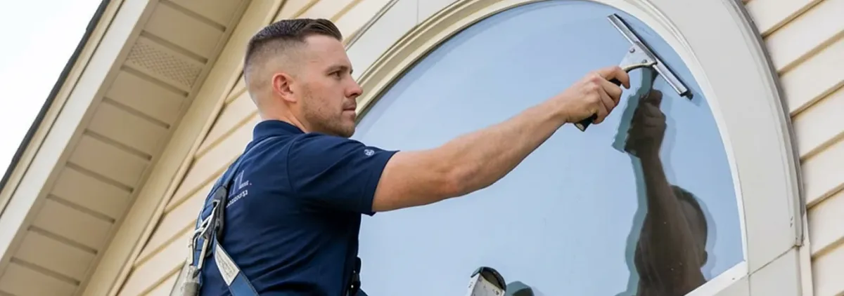 Professional window cleaner using a squeegee to clean an exterior arched window on a home, Saint Petersburg, FL.